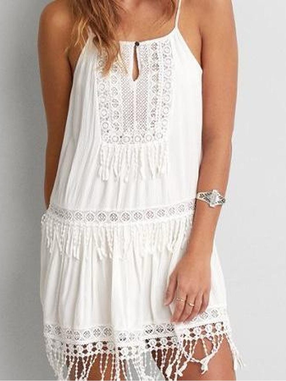 White American Eagle embroidered fringe dress
